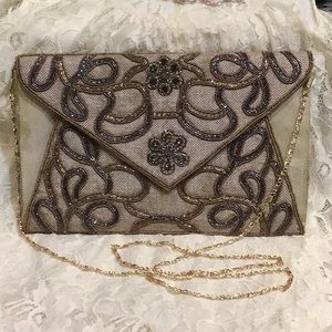 La Chic Multi Cultural Clutch/Crossbody Taupe tweed - Gold and Nickel beads NEW